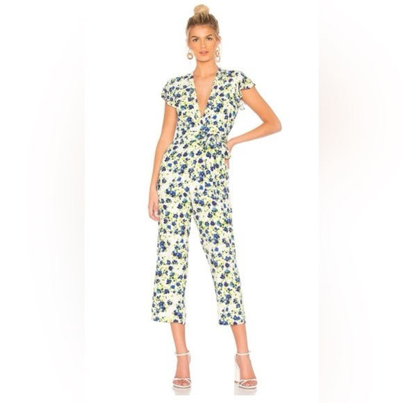 Privacy Please Floral Goodwin Cropped Jumpsuit Blue and Green Floral Small - Picture 1 of 7